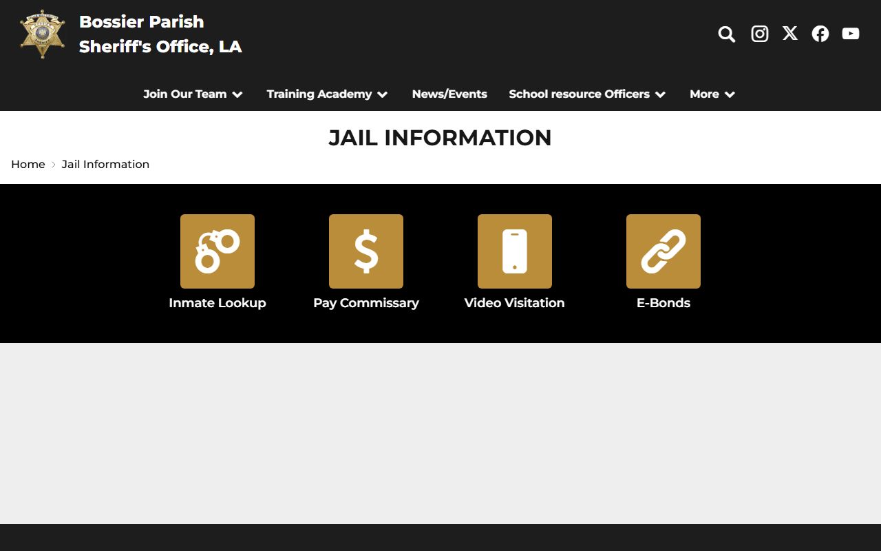 Bossier Parish jail information page for inmate population facilities