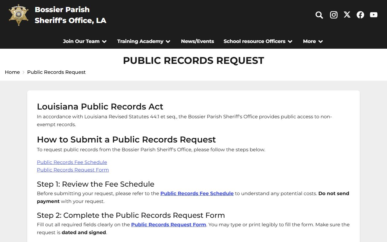 Bossier Parish public records request route for inmate records